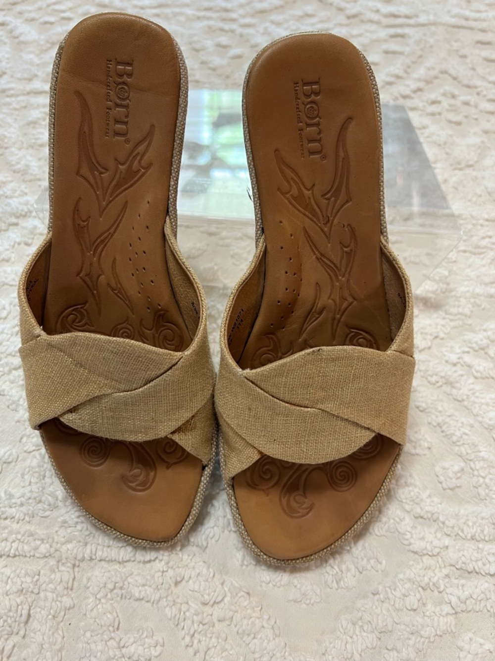 Born Beige/Tan Crossband Slip-On Wedge Mules